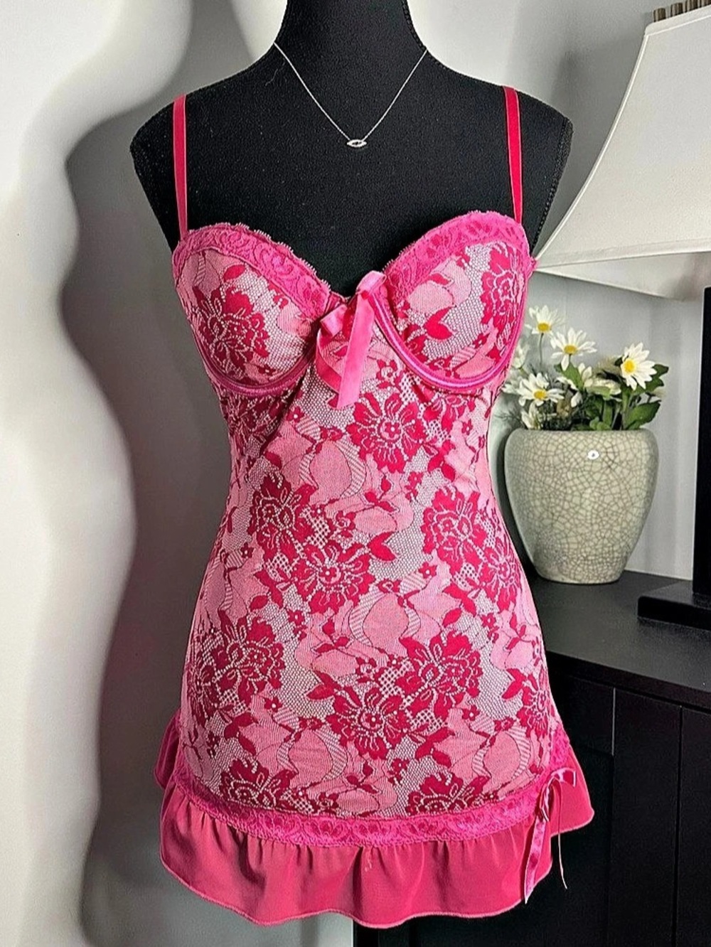 Rampage Pink Floral Lace Chemise Like New